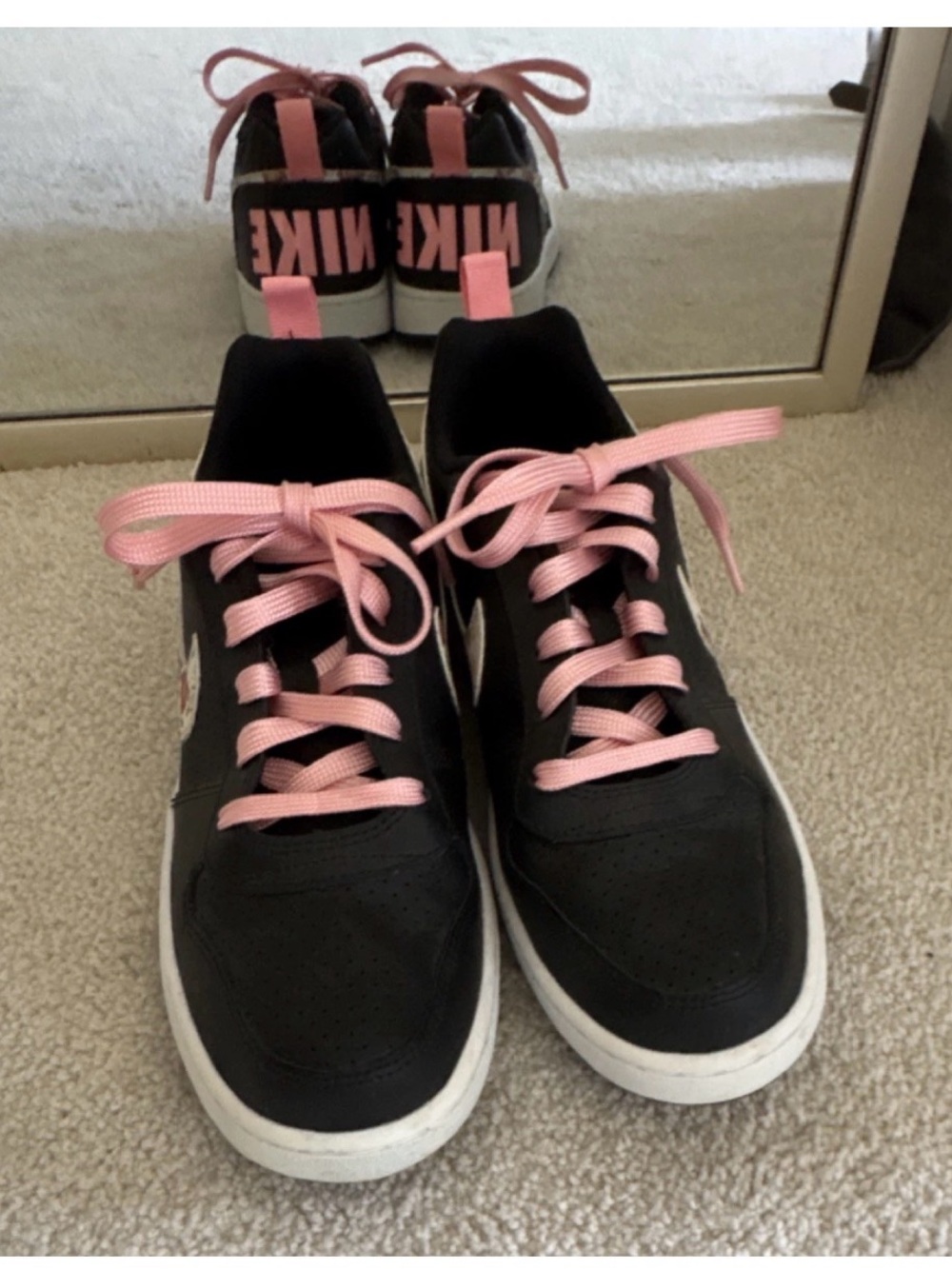 Nike Women's Black Sneakers with Pink Laces and Heel Logo
